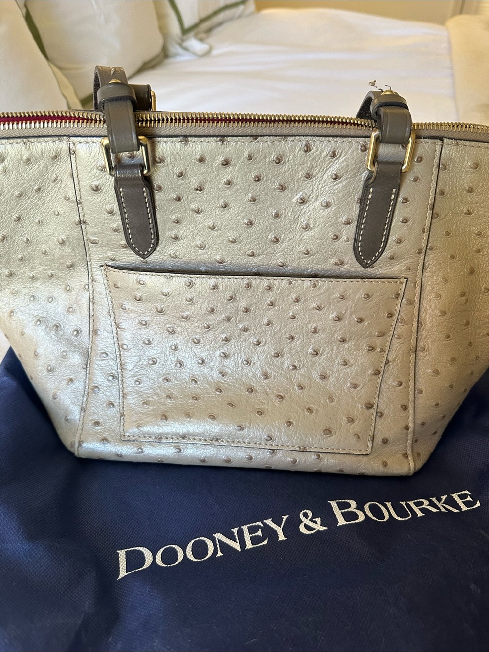 Dooney & Bourke Metallic Cream Ostrich-Embossed Tote with Wallet - Picture 12 of 13